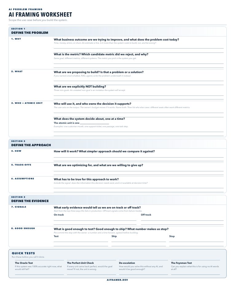 First page of the AI Framing Worksheet